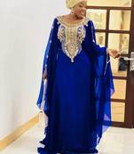 Blue Georgette Zari Embroidered Boat Neck Wedding Kaftan