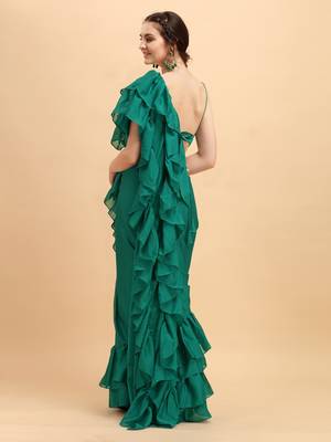 Green Solid Silk Blend Ruffle Saree With Blouse & Belt 2