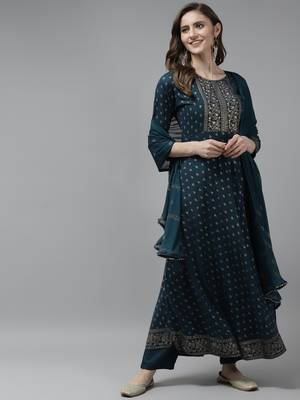 Teal-blue printed rayon ethnic-kurtis 1