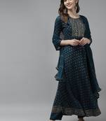 Teal-blue printed rayon ethnic-kurtis