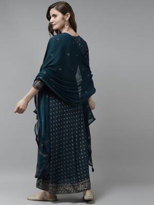 Teal-blue printed rayon ethnic-kurtis 2