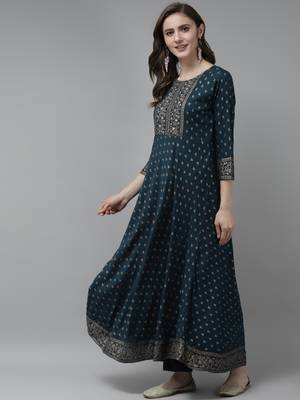 Teal-blue printed rayon ethnic-kurtis 3