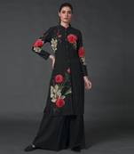 Black floral printed kurta set with center slit