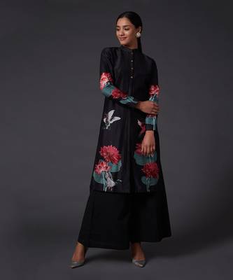 Black Chanderi Silk Digital Printed Kurta Set  1