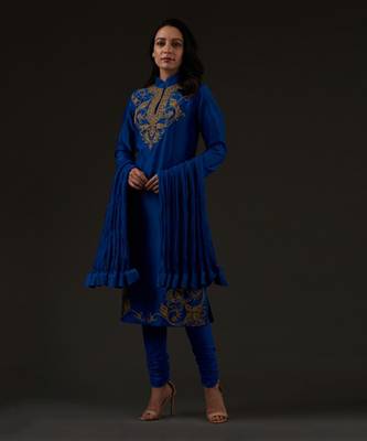 Blue Embroidered Straight Kurta Set 1