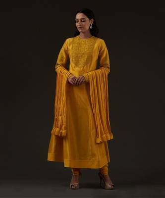 Yellow Embroidered Kalidar Kurta Set 1