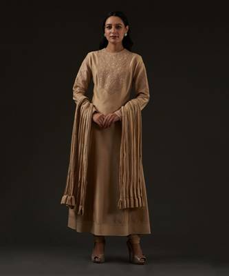 Beige Embroidered Kalidar Kurta Set 1