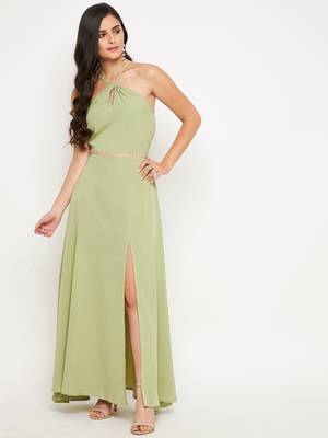 Green plain polyester maxi-dresses 1
