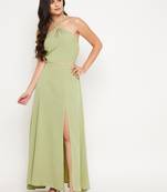 Green plain polyester maxi-dresses