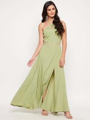 Green plain polyester maxi-dresses 3