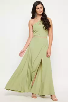 Green plain polyester maxi-dresses