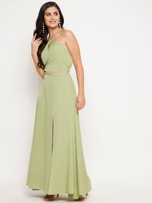 Green plain polyester maxi-dresses 4