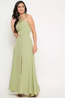 Green plain polyester maxi-dresses