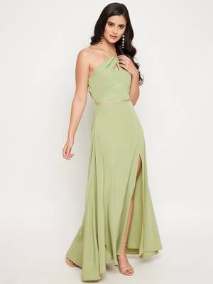 Green plain polyester maxi-dresses 5