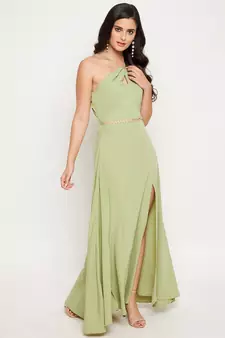 Green plain polyester maxi-dresses
