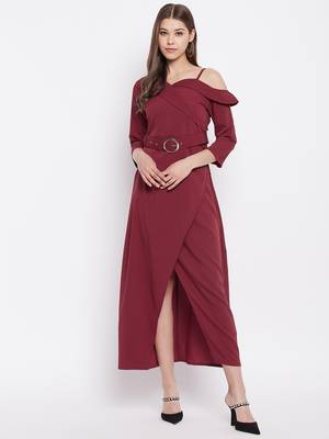 Maroon plain polyester maxi-dresses 1
