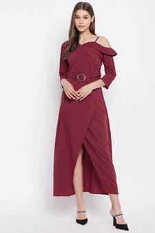 Maroon plain polyester maxi-dresses