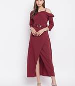 Maroon plain polyester maxi-dresses