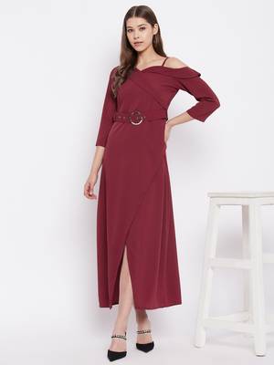 Maroon plain polyester maxi-dresses 2