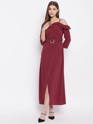 Maroon plain polyester maxi-dresses 3