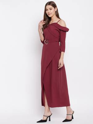 Maroon plain polyester maxi-dresses 4