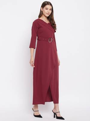 Maroon plain polyester maxi-dresses 5