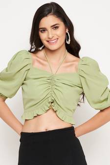 Green plain polyester crop-tops