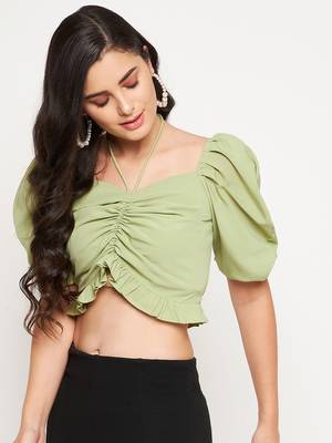 Green plain polyester crop-tops 4