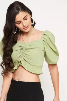 Green plain polyester crop-tops