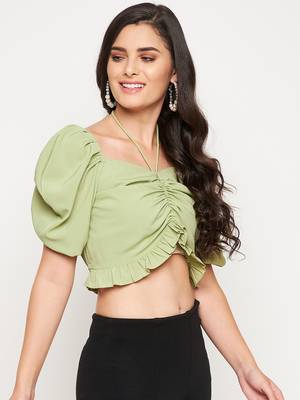 Green plain polyester crop-tops 5