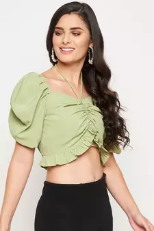 Green plain polyester crop-tops