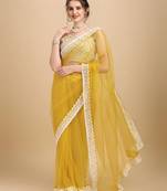 Yellow & White Solid Embroidered Net Saree With Blouse
