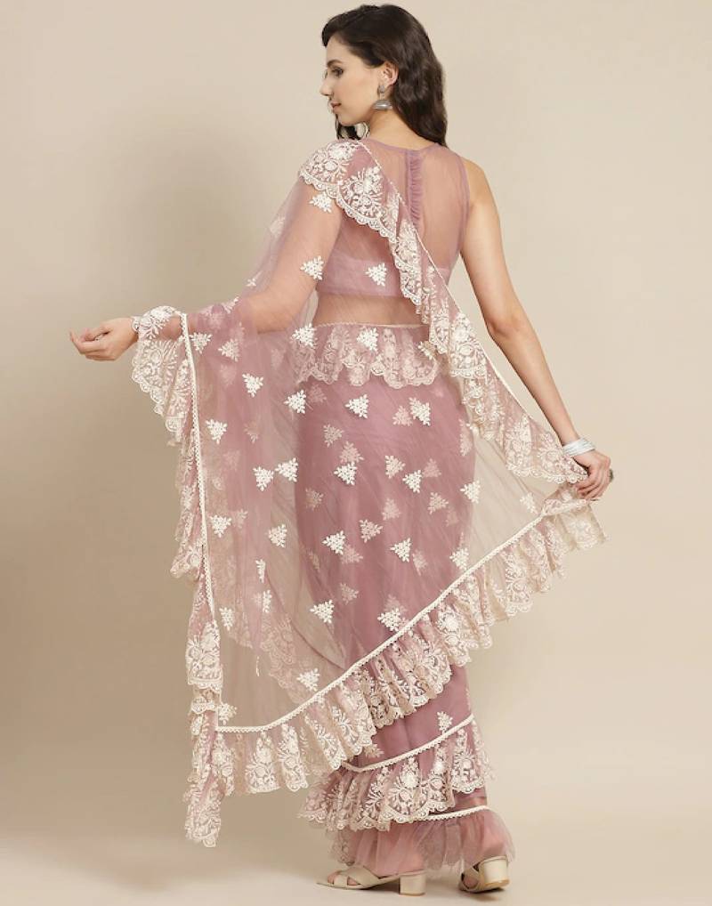 Mauve and White Embroidered Ruffled Saree With Blouse