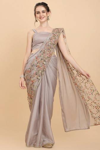 Ivory Floral Embroidered Soft Silk Blend Saree With Blouse Piece