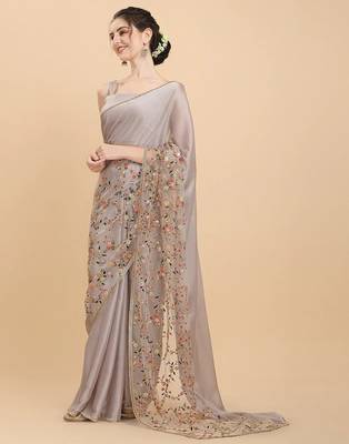 Ivory Floral Embroidered Soft Silk Blend Saree With Blouse Piece 3
