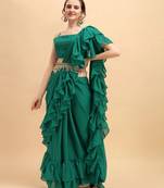 Green Solid Silk Blend Ruffle Saree With Blouse & Belt