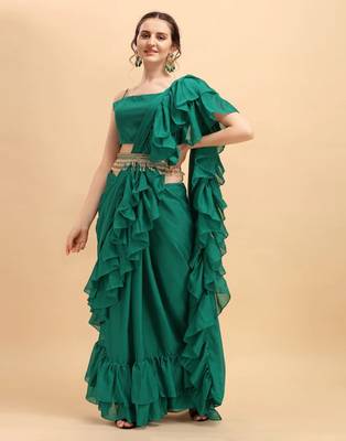 Green Solid Silk Blend Ruffle Saree With Blouse & Belt 3