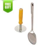 Wooden Handle Vegetable Masher With Stainless Steel Serving Spoon Paan Chamcha And Free Gift