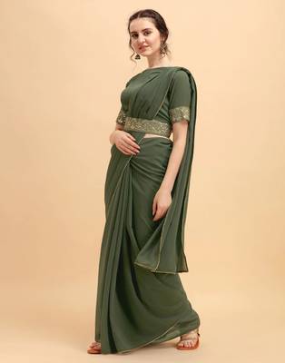 Olive & Golden Embellished Poly Georgette Gotta Patti Saree With Blouse 1