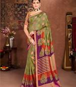 Olive Plain Silk Fancy Pallu Saree With Blouse