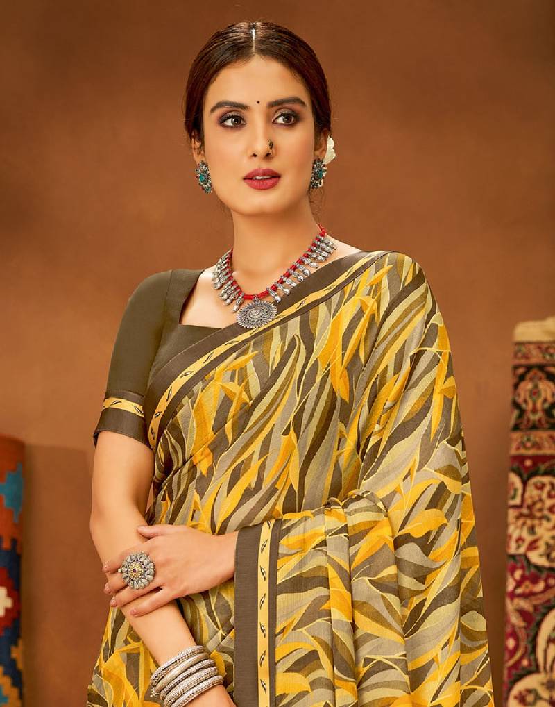Musturd Yellow Color Semi Tussar Pallu Parsi Work Design  Saree With Running Blouse