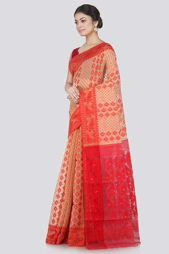 Pinkloom Women'S Beige Hand_Woven Cotton Jamdani Saree Without Blouse