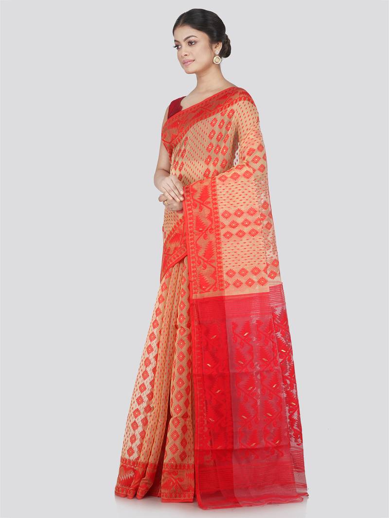 Pinkloom Women'S Beige Hand_Woven Cotton Jamdani Saree Without Blouse