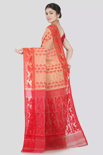 Pinkloom Women'S Beige Hand_Woven Cotton Jamdani Saree Without Blouse