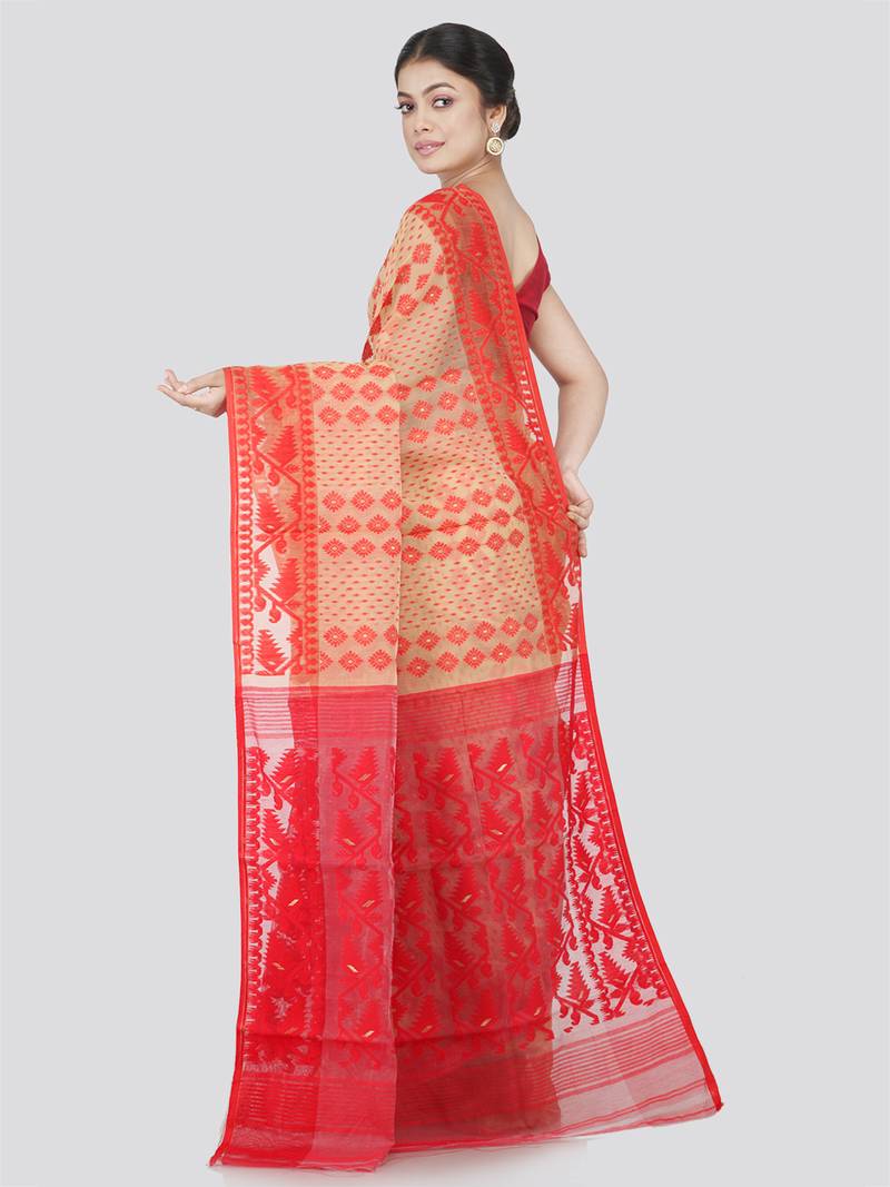 Pinkloom Women'S Beige Hand_Woven Cotton Jamdani Saree Without Blouse