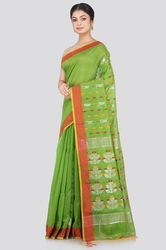 PinkLoom Women's Green Hand_Woven Cotton_Silk Saree With Blouse