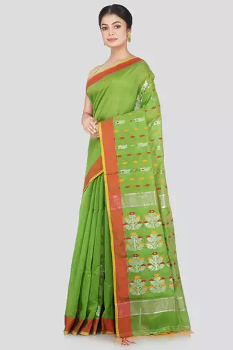PinkLoom Women's Green Hand_Woven Cotton_Silk Saree With Blouse