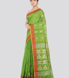 PinkLoom Women's Green Hand_Woven Cotton_Silk Saree With Blouse
