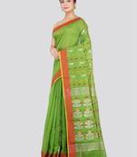 PinkLoom Women's Green Hand_Woven Cotton_Silk Saree With Blouse