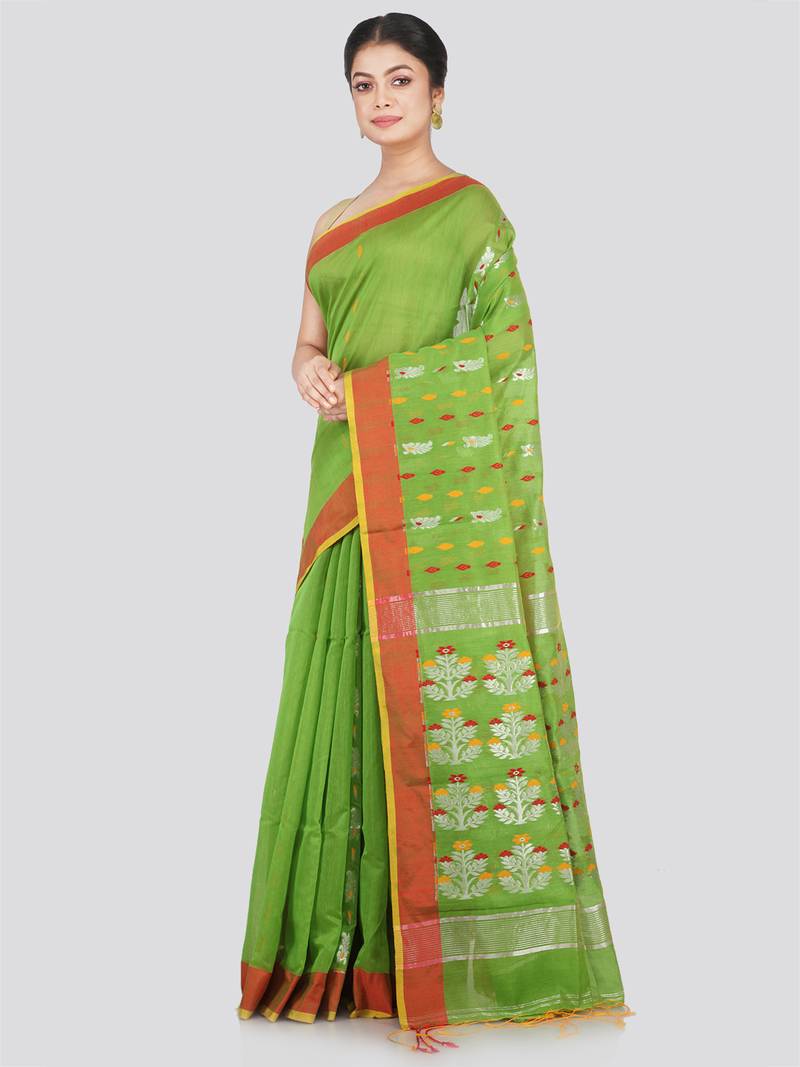 PinkLoom Women's Green Hand_Woven Cotton_Silk Saree With Blouse